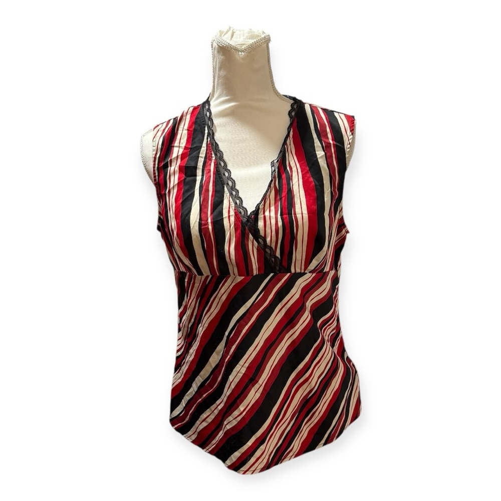 Worthington Striped‎ Sleeveless Top Womens Large Red Black Excellent Lace Trim